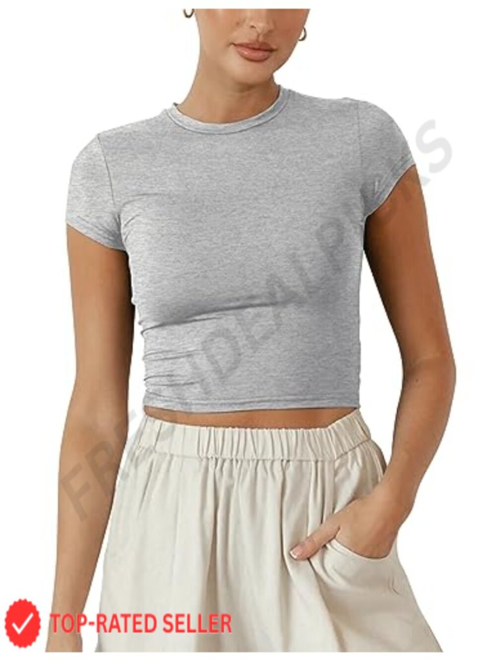 Women's Slim Fit Crop Tee Cap Sleeve Round Neck Polyester Spandex Summer Yoga